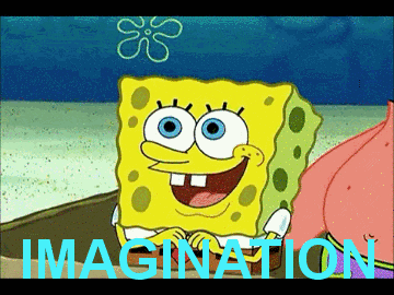 Spongebob pops out of box and forms "imagination" with rainbow