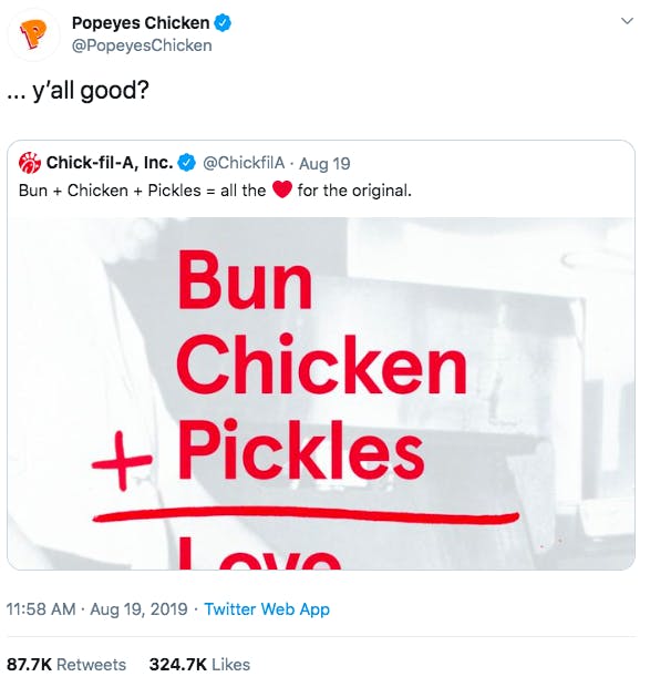 tweet from popeyes reading ya'll good? In response to chic-fil-a