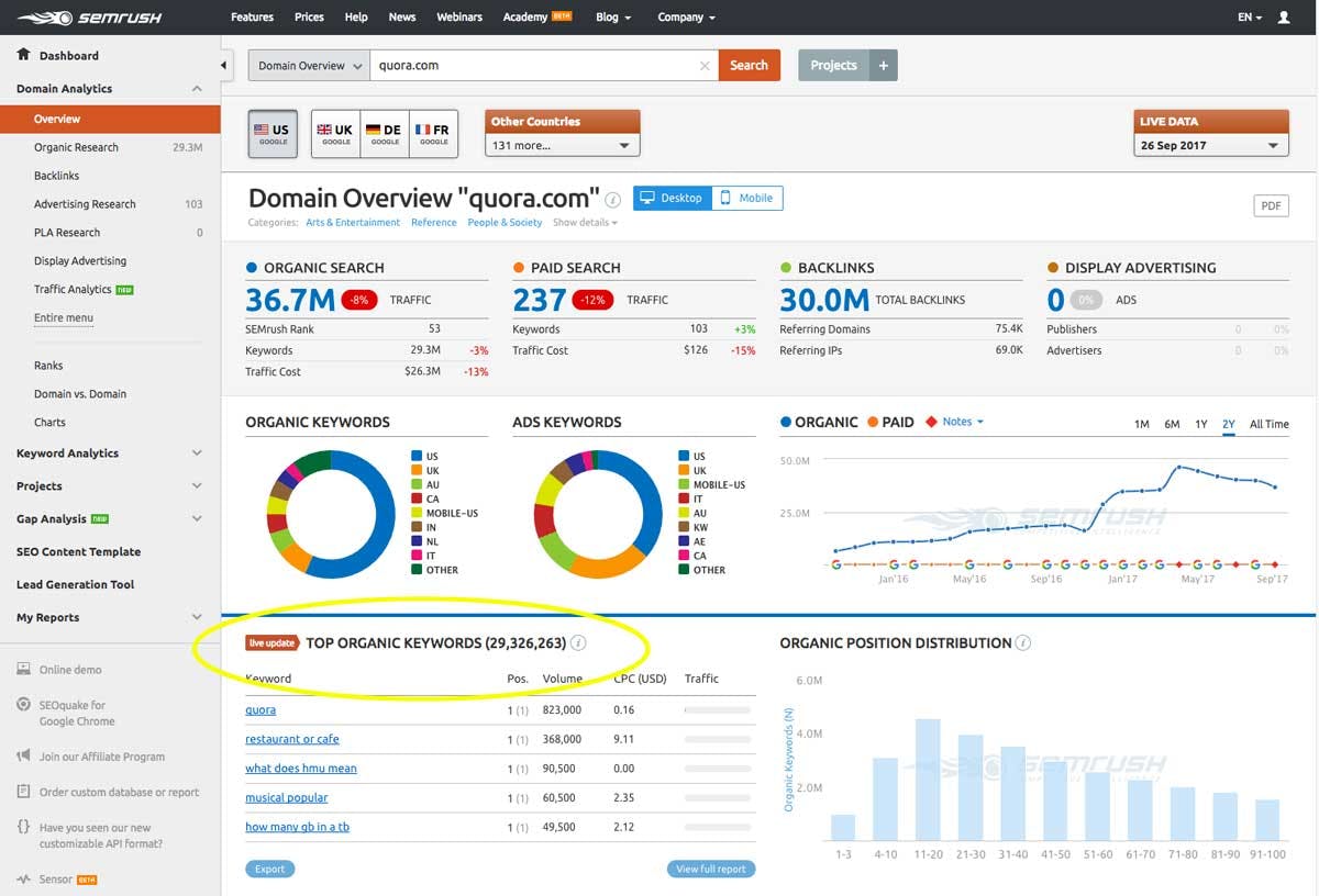 SEM Rush dashboard