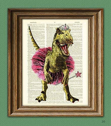 upcycled book art of trex in tutu