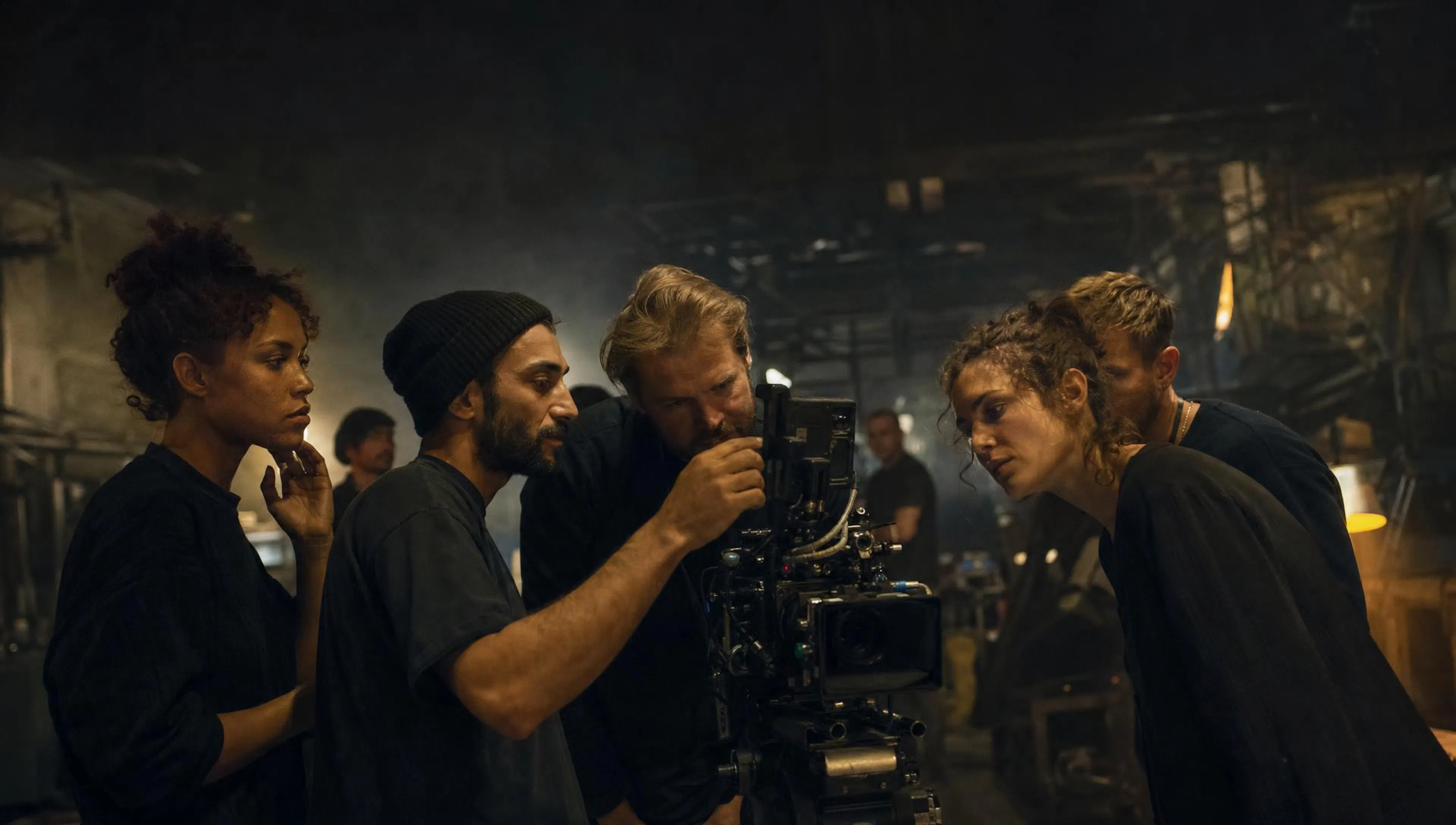 A small film crew gathered around a cinema camera on set at night