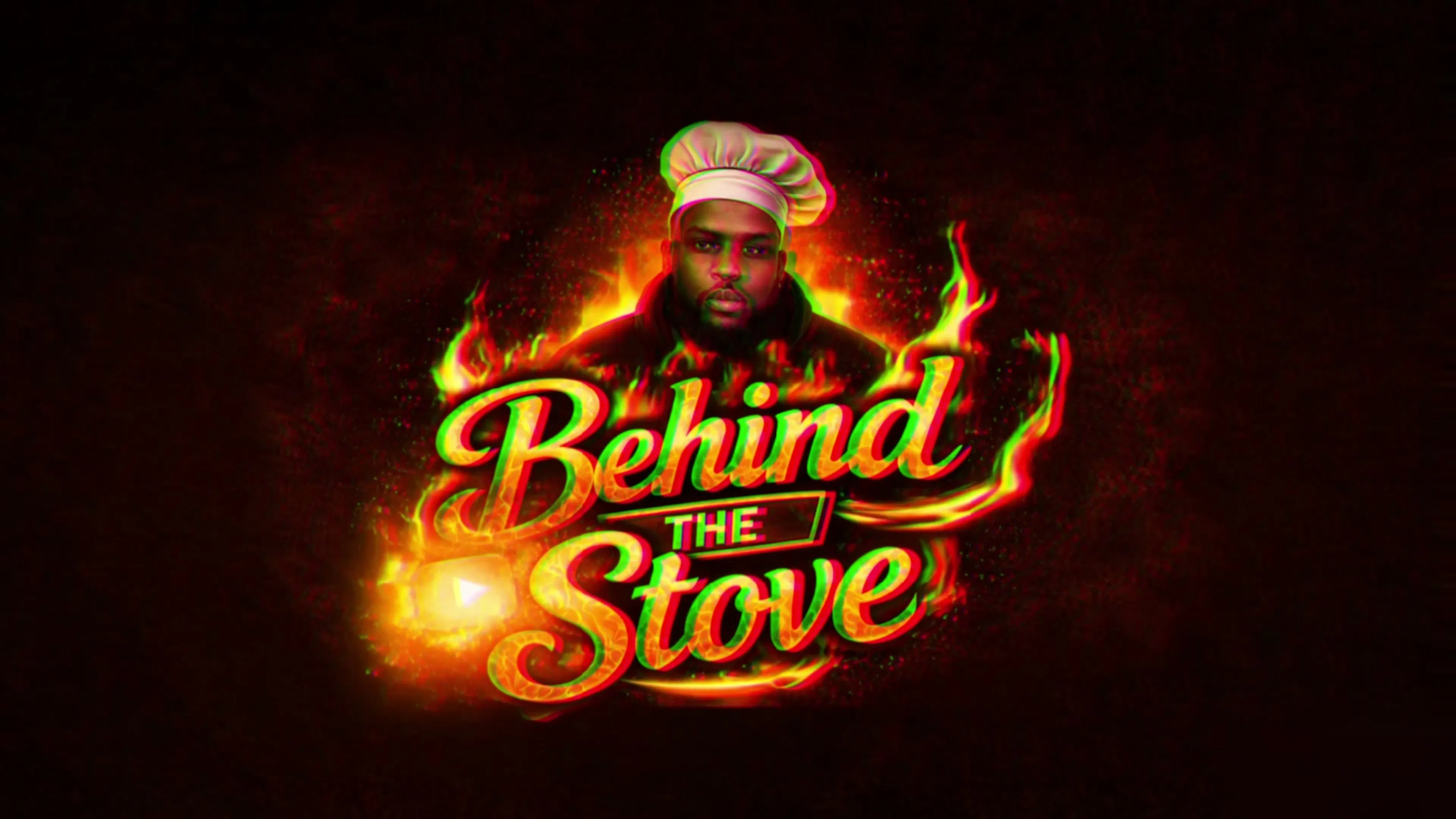 The Behind The Stove title card, gold flames around the show logo