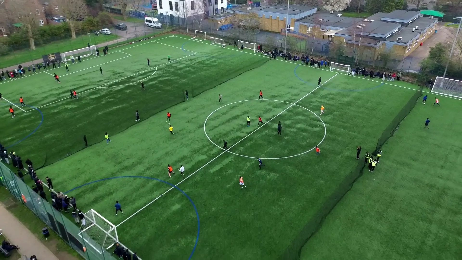 Aerial view of a full afternoon of football at the Onside tournament