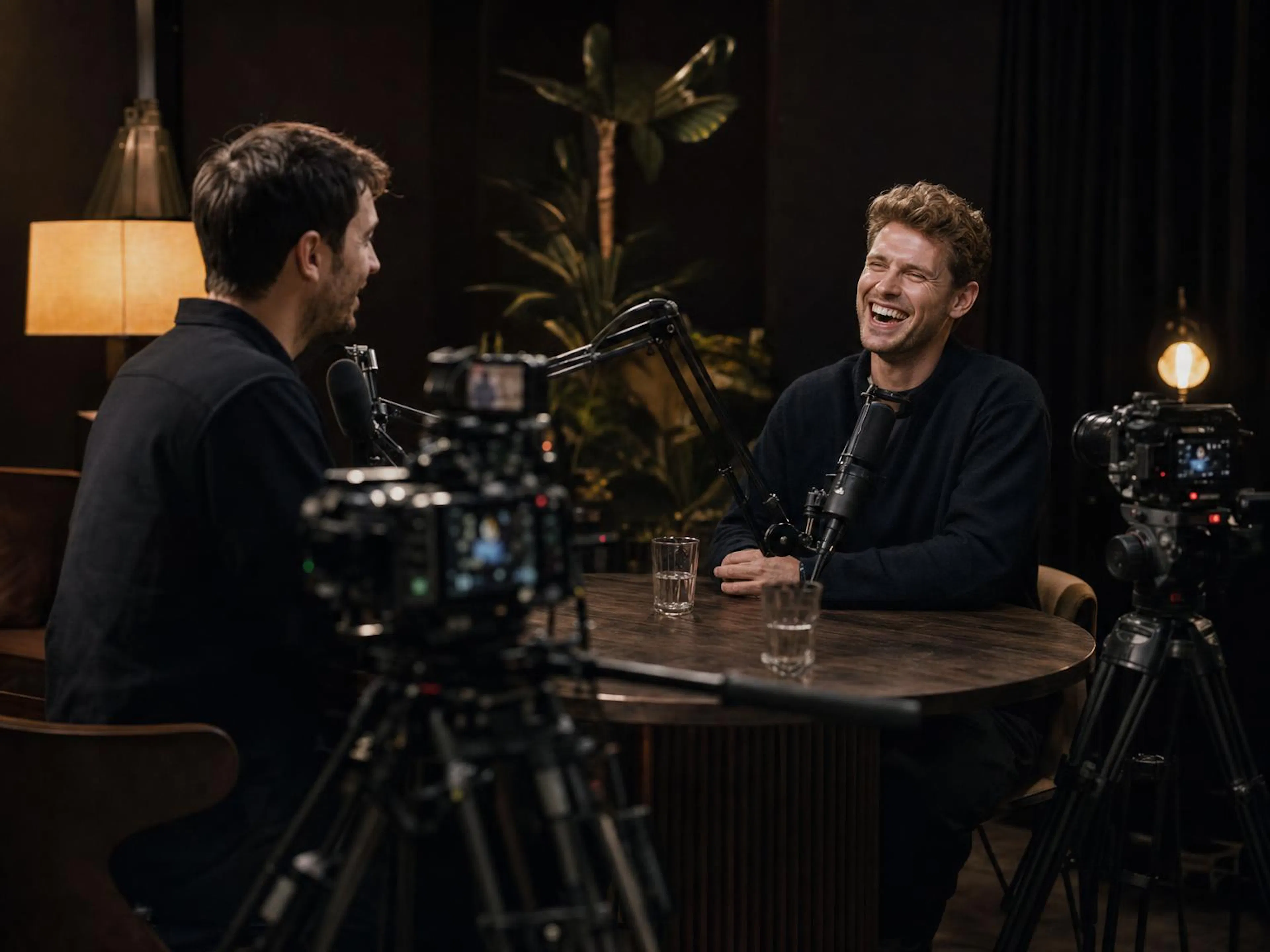 Two hosts recording a video podcast in a dark studio with three cameras