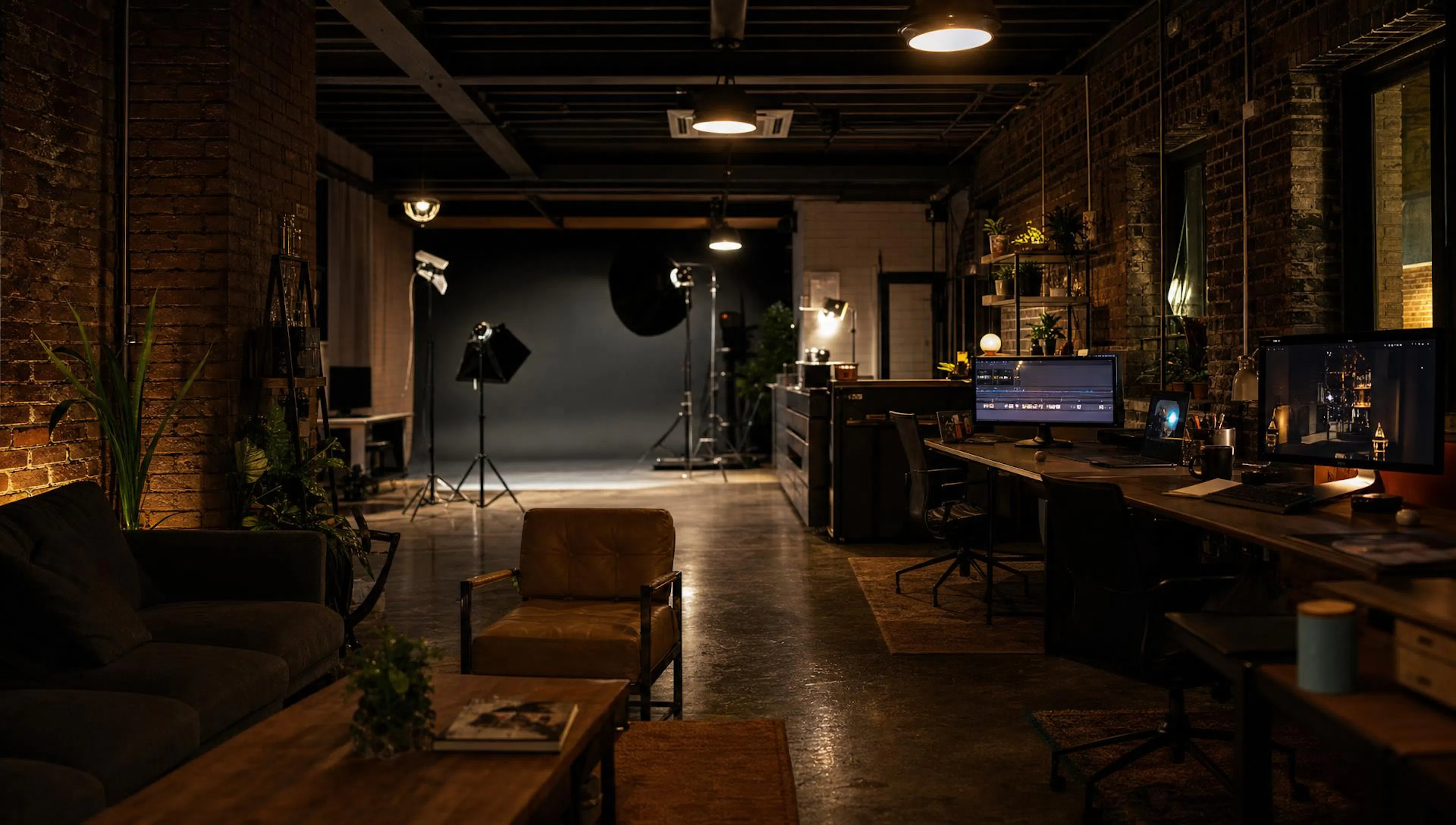 A production studio at night with brick walls, a cyclorama corner, lights and edit desks