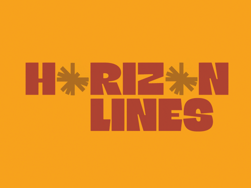 HORIZON LINES written in red text on an orange background, the O's in Horizon have been replaced with graphic depicting a series of intersecting lines creating a circular shape that have been animated and rotate.