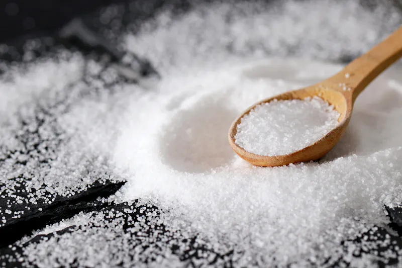 Table salt on wooden spoon