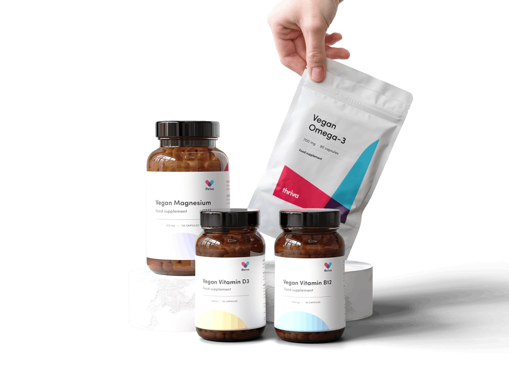 Thriva's premium vegan supplements — magnesium, vitamin B12, omega-3, and vitamin D