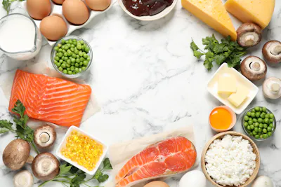 Vitamin D foods — eggs, salmon, mushrooms