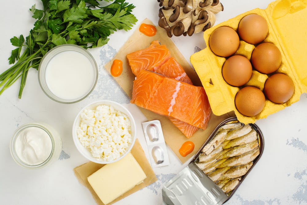 Vitamin D foods — eggs, salmon, dairy