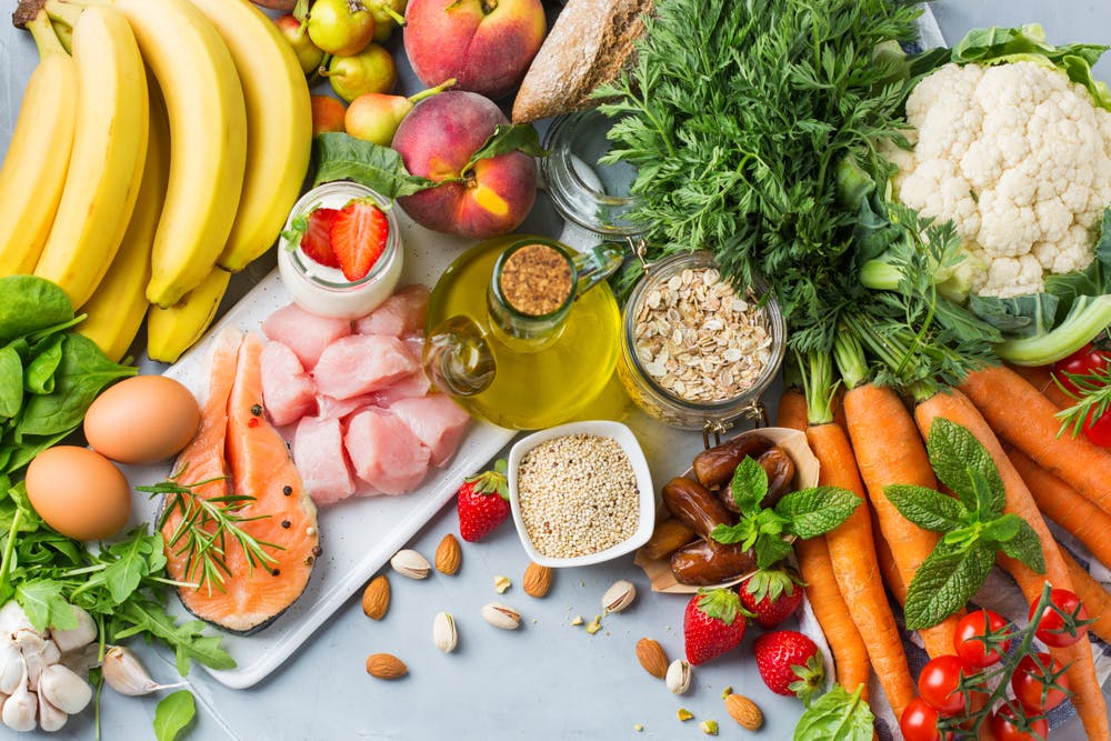 DASH diet foods — bananas, eggs, salmon, carrots