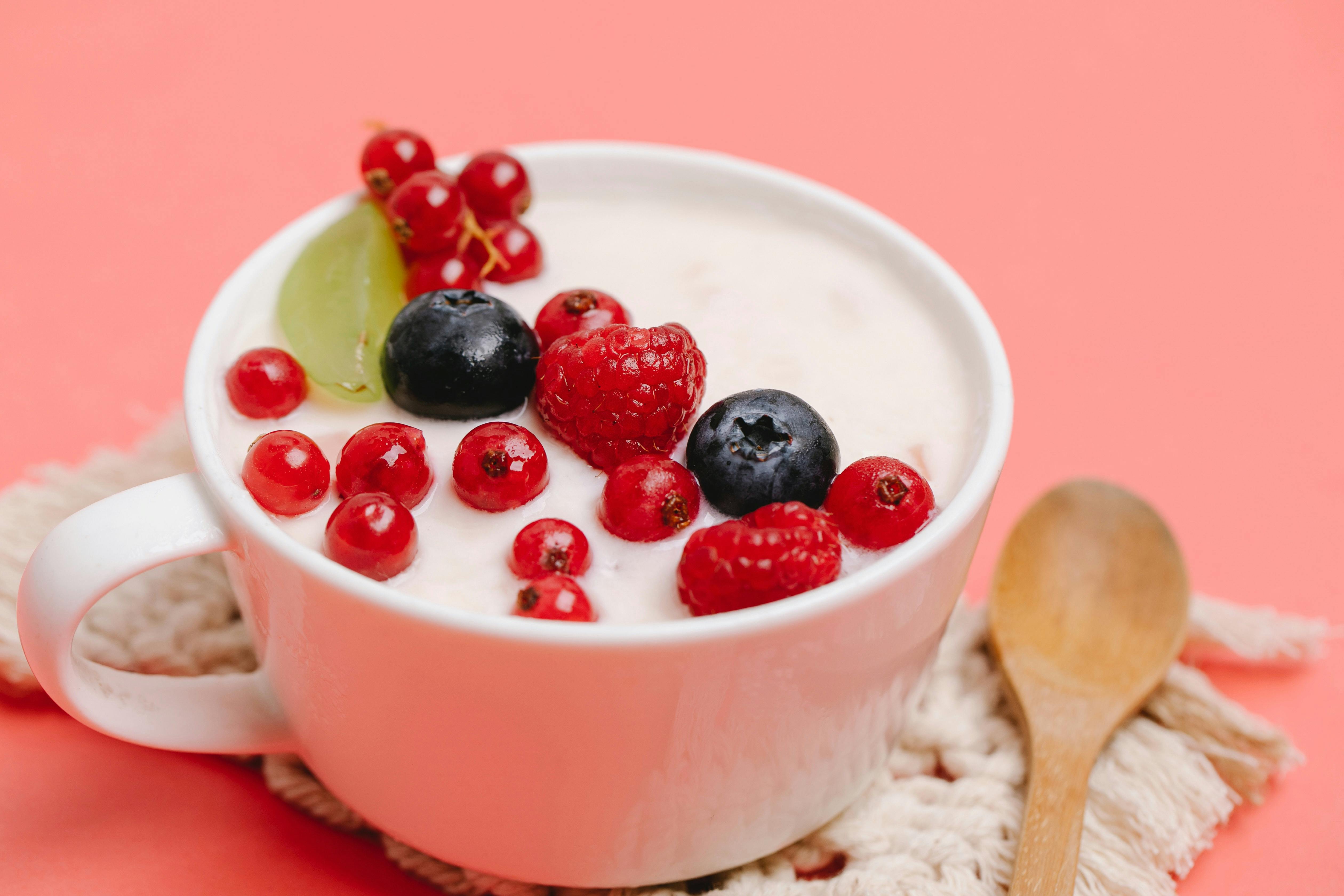 Yoghurt breakfast bowl with fruit on top