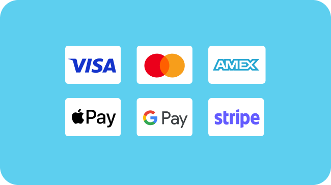 Online payment methods — Visa, Mastercard, AMEX, Apple Pay, Google Pay, and Stripe.