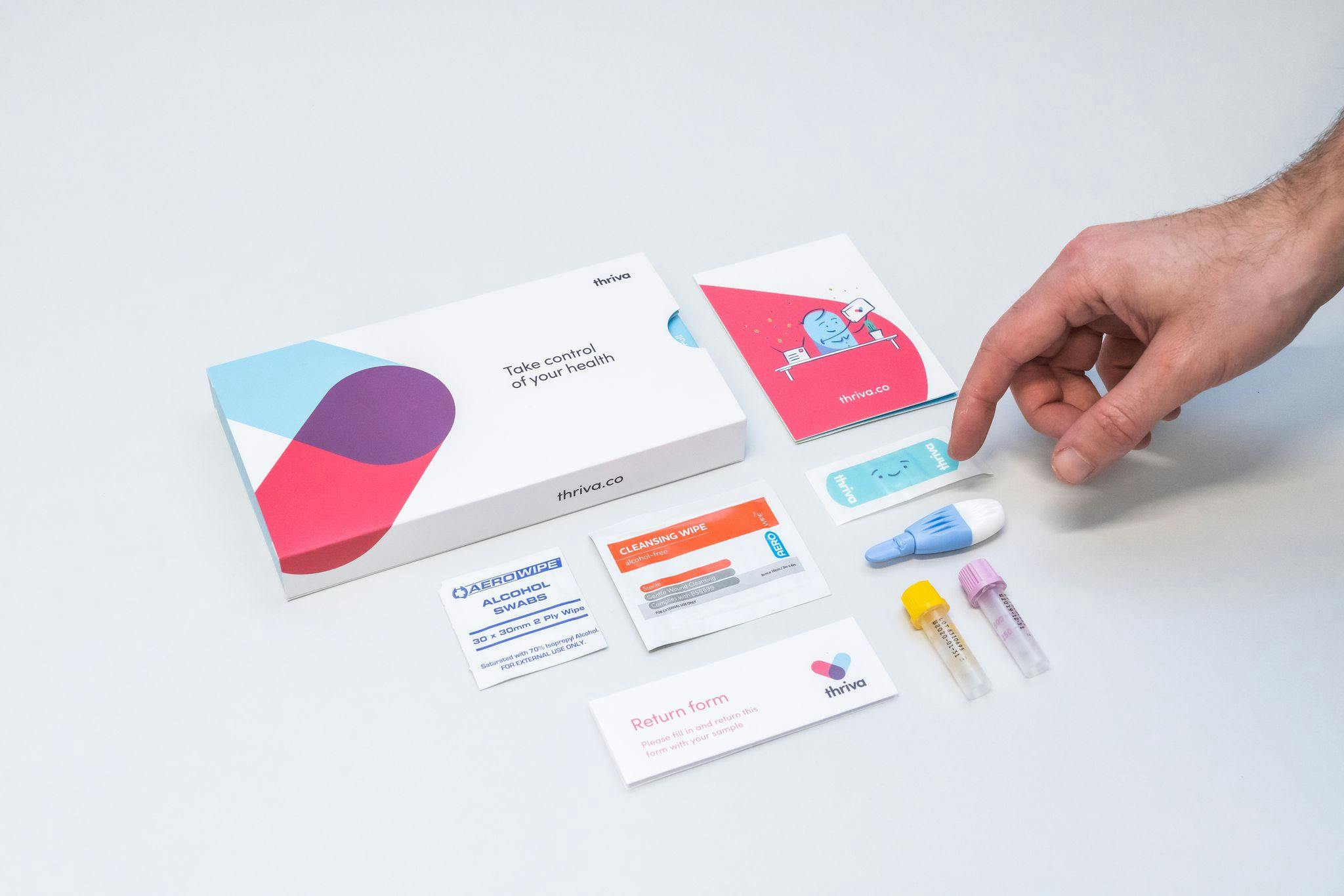 Thriva blood testing kit laid out on table