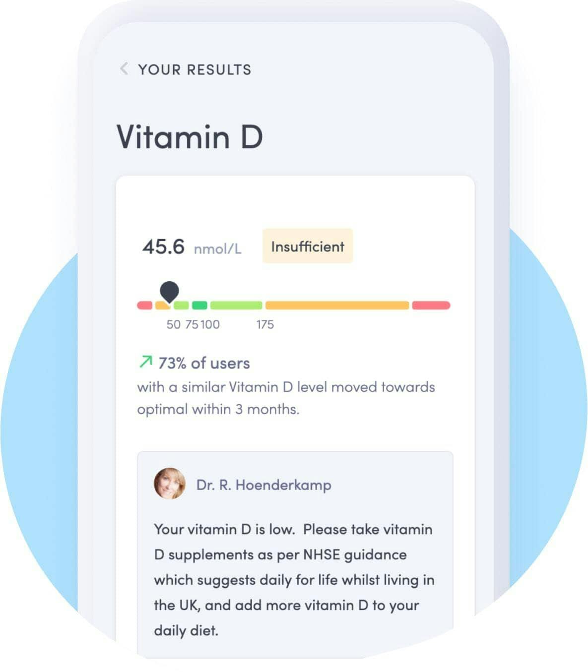 Phone showing online vitamin D result