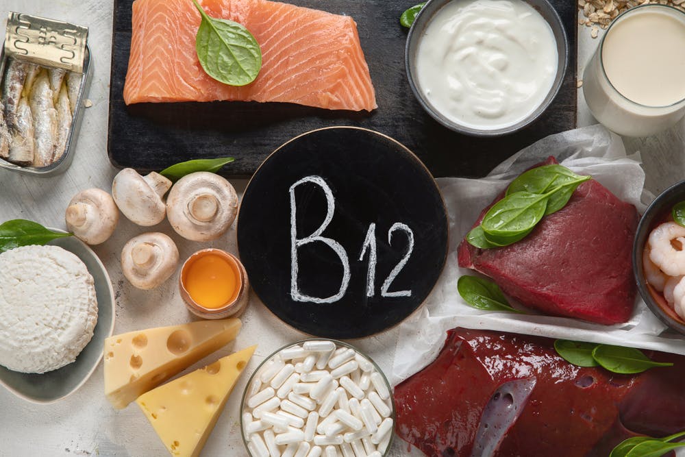 Vitamin B12 food sources — fish, meat, and cheese