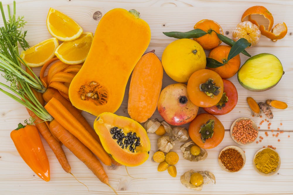 Vitamin A foods — mangoes, carrots, orange peppers