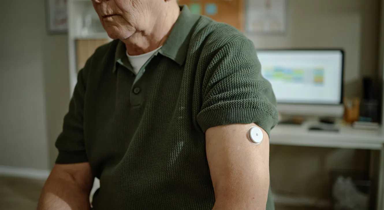 A man in a green shirt wearing a continuous glucose monitor