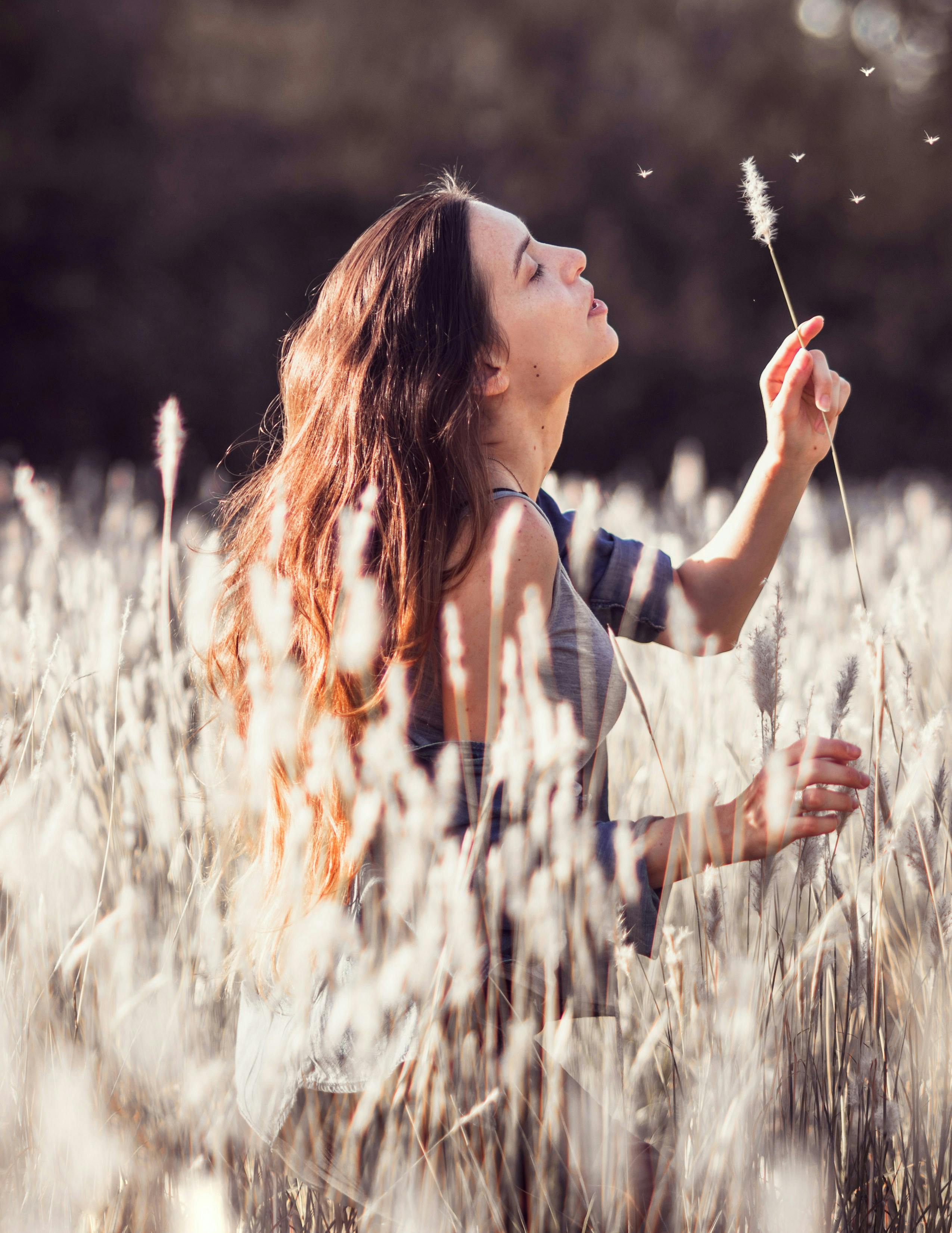 femme dans un champ qui souffle sur fleur