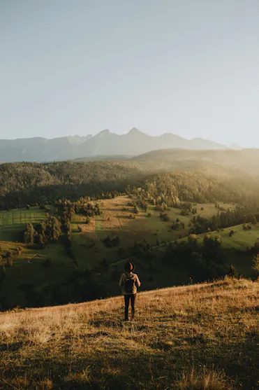 homme de dos en train de regarder le paysage avec montagnes au fond