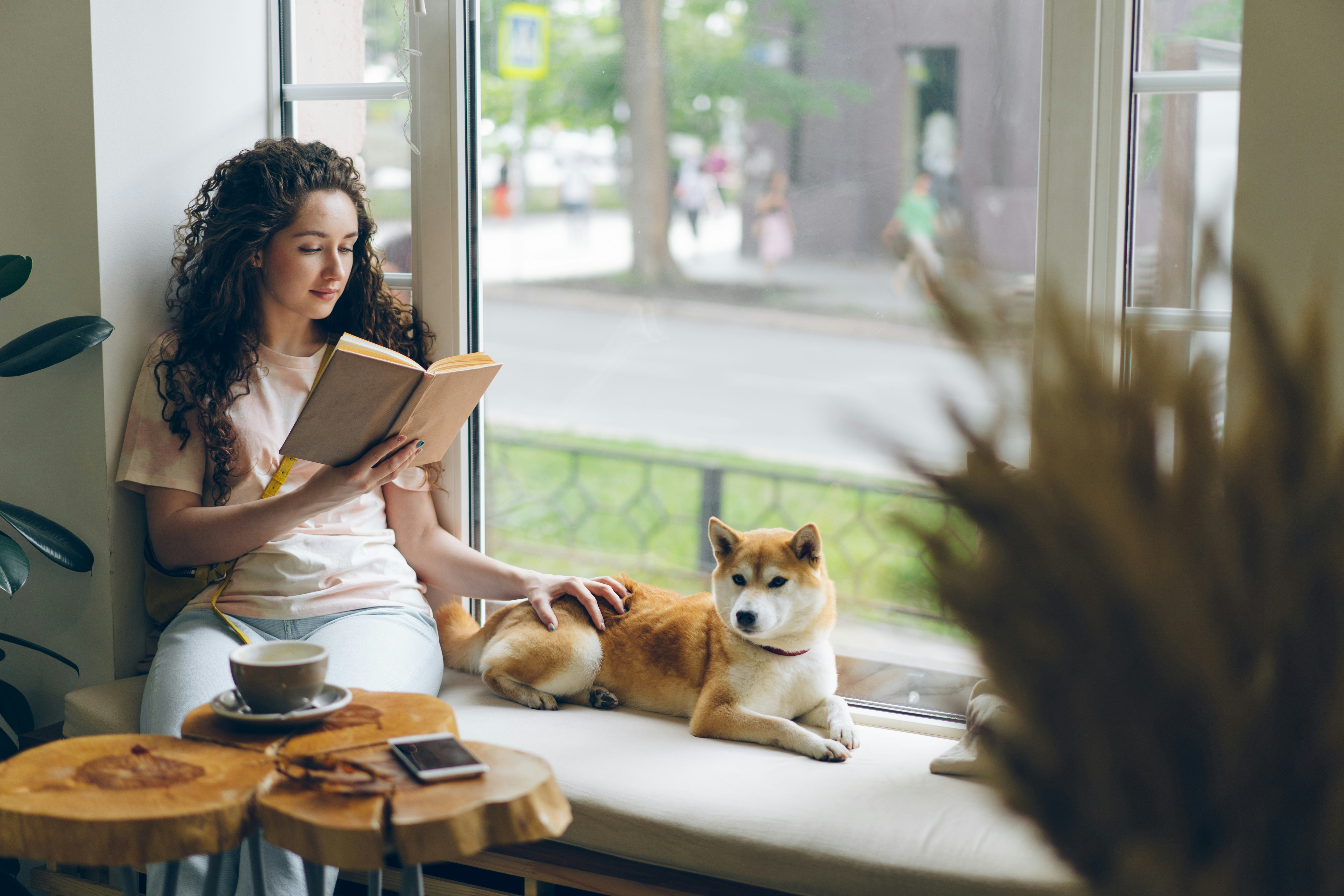 femme assise sur rebord de fenêtre avec son chien