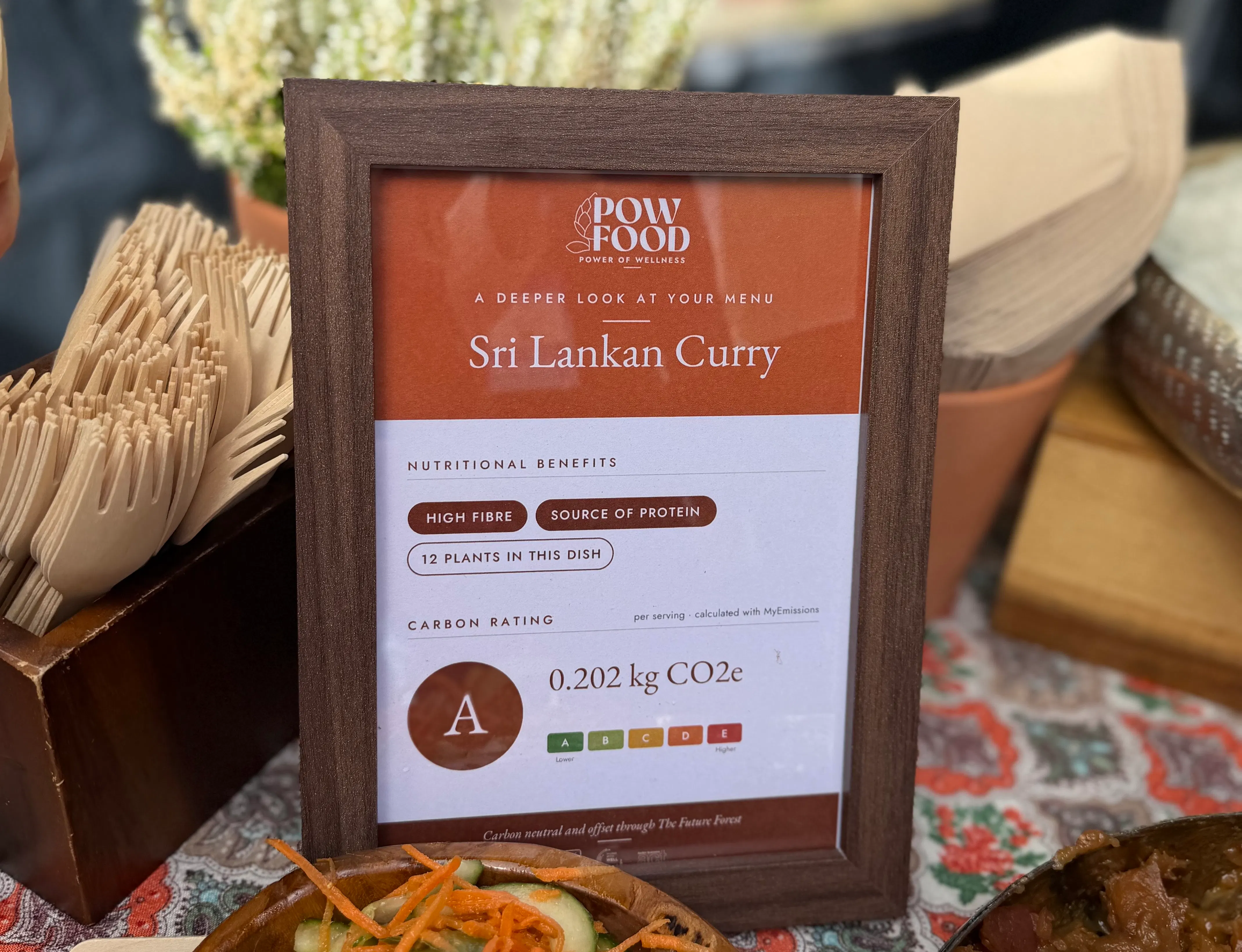 Sign showing carbon footprint of a catering option
