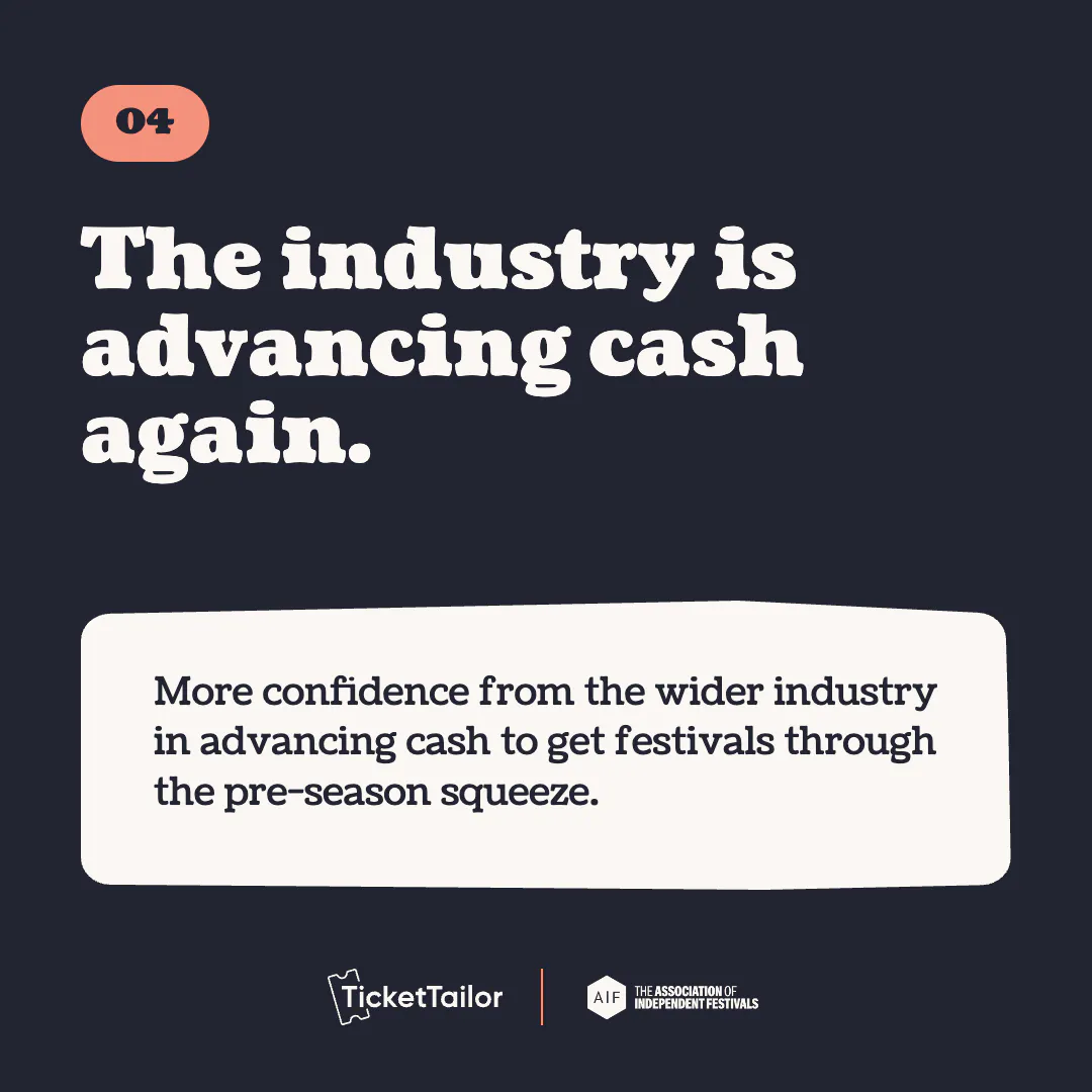 Card: The industry is advancing cash again. More confidence from the wider industry in advancing cash to get festivals through the pre-season squeeze.