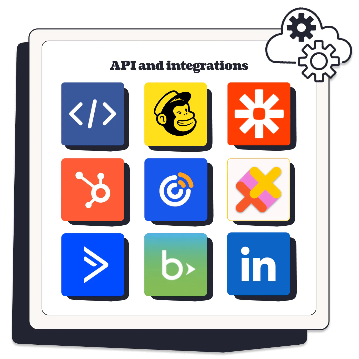 API Illustration with Mailchimp, Hubspot, Blackbaud etc. icons
