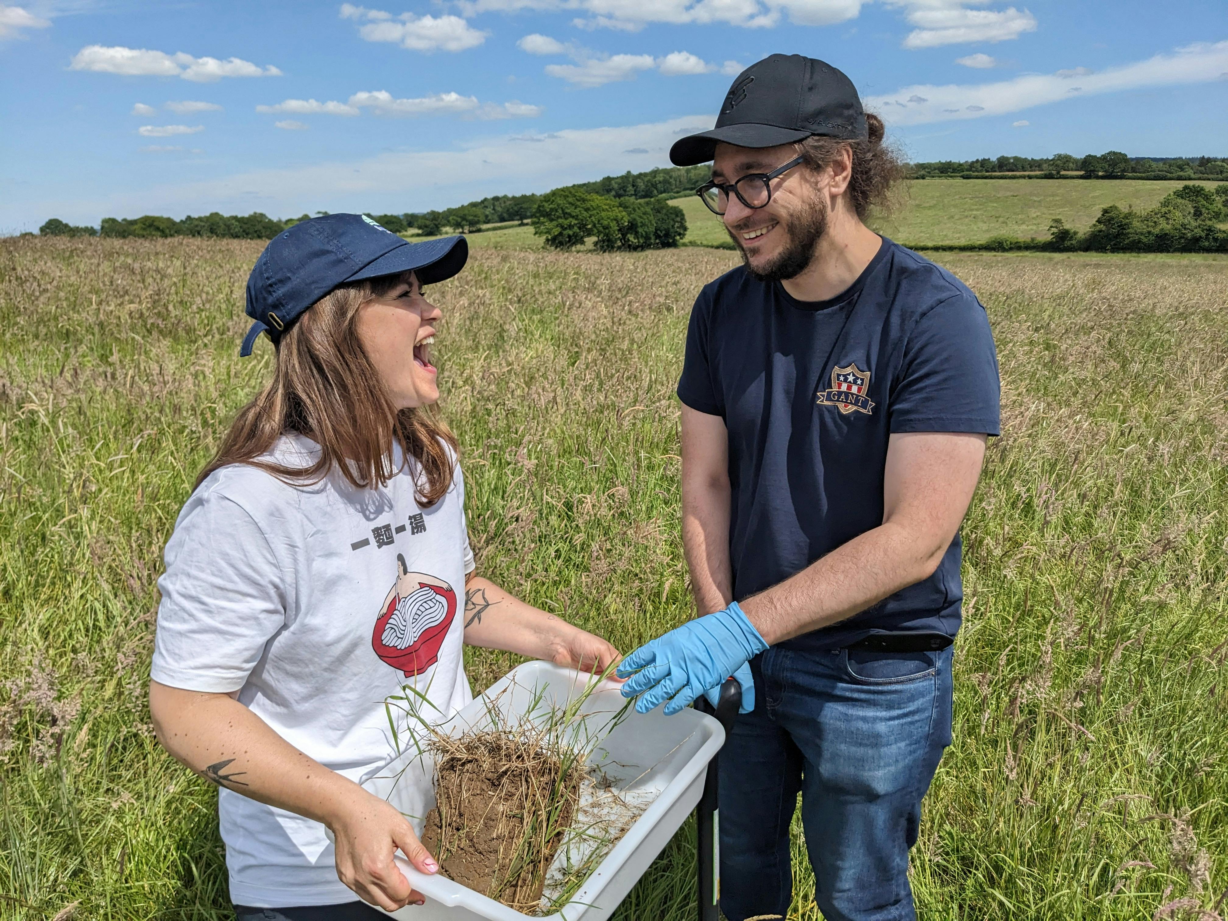 Claire and Audrius at Heal counting earthworms and laughing