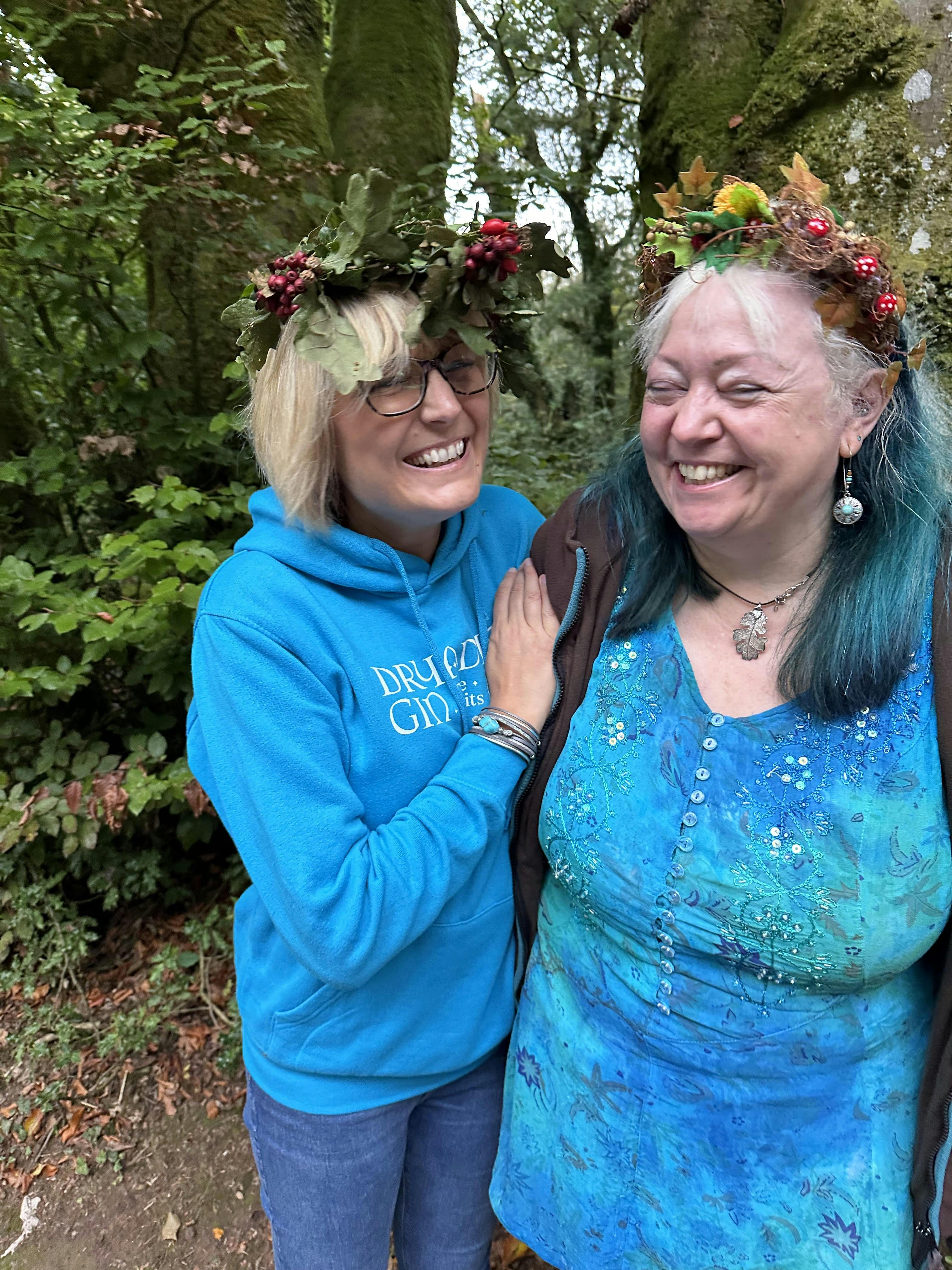 Master Dryad Gin distiller Becky Wright smiling with friend in the woods
