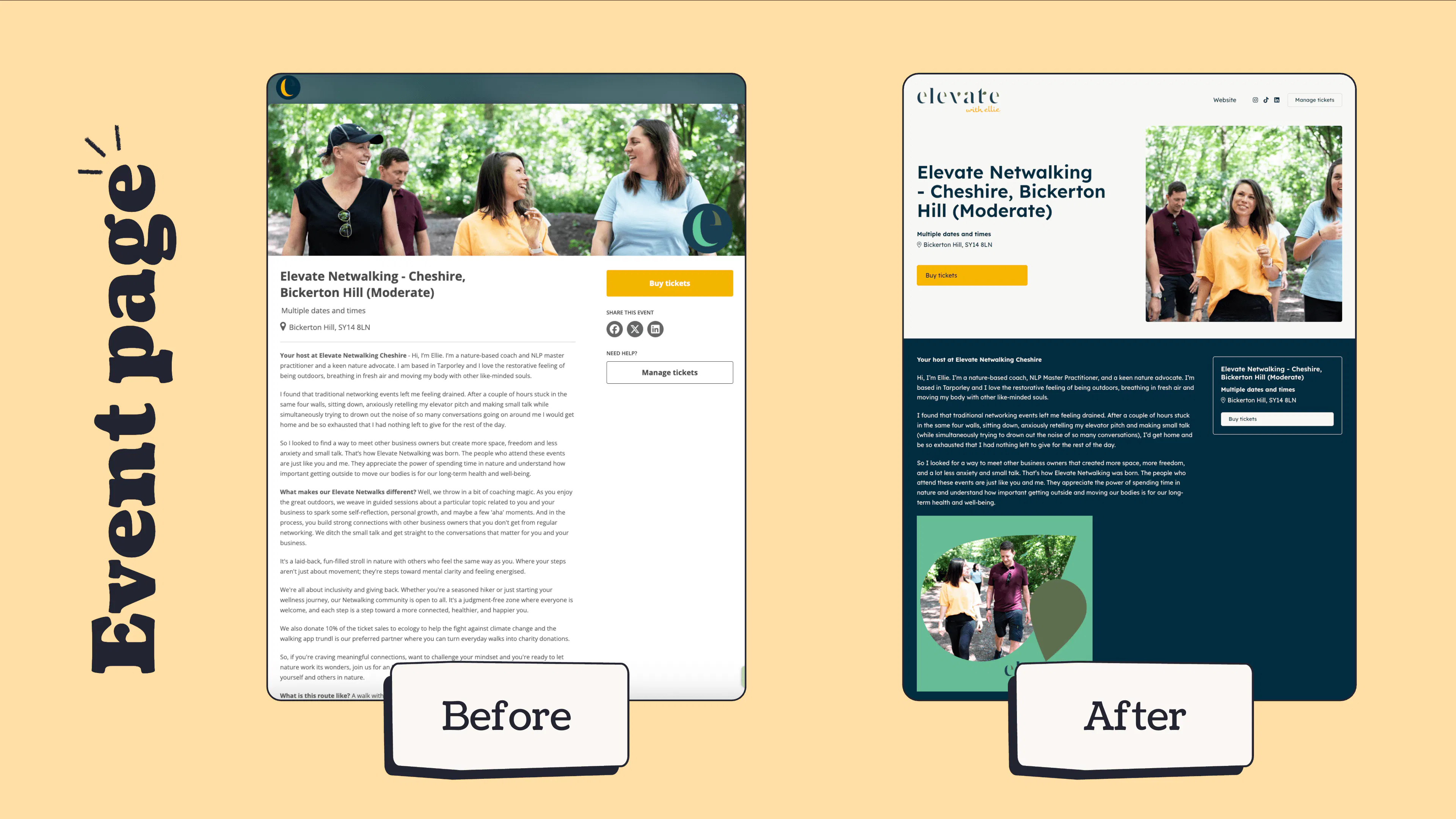 A before and after of Ellie's event page