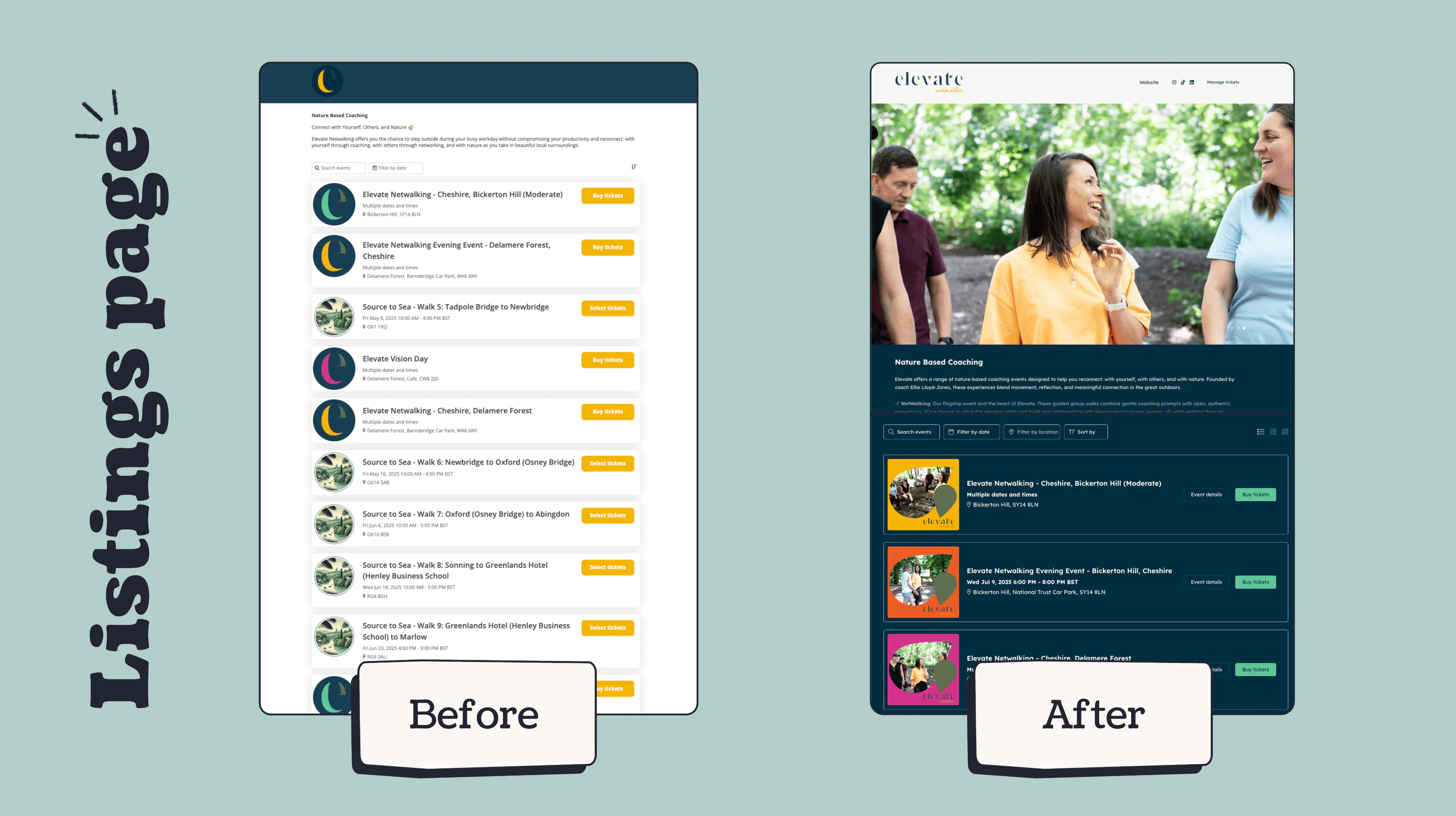 A before and after of Ellie's listing page