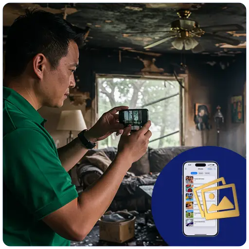 IMAGE: Public Adjuster taking photos of a fire damaged home during an inspection.  