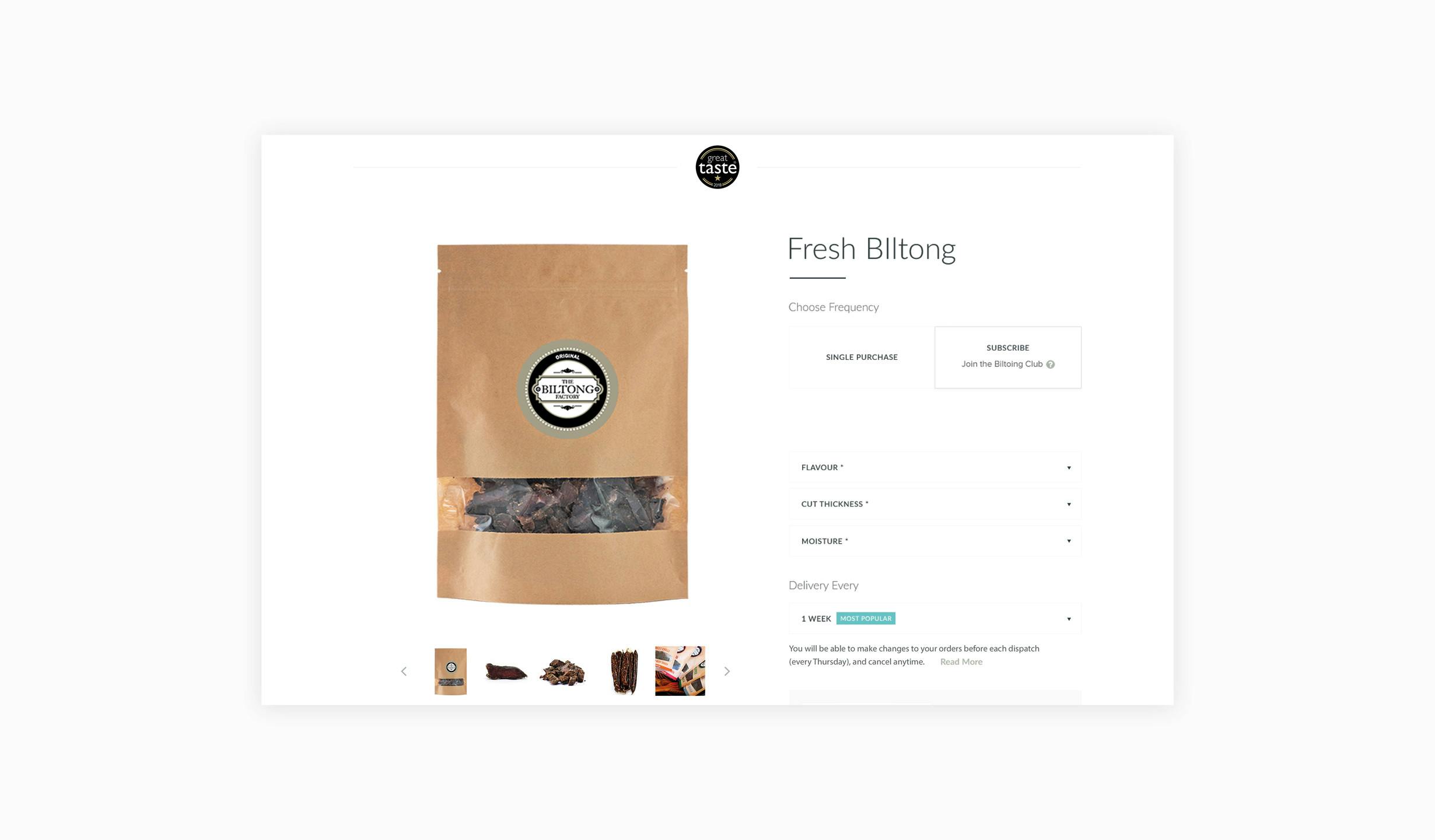 Biltong Factory product detail page mockup