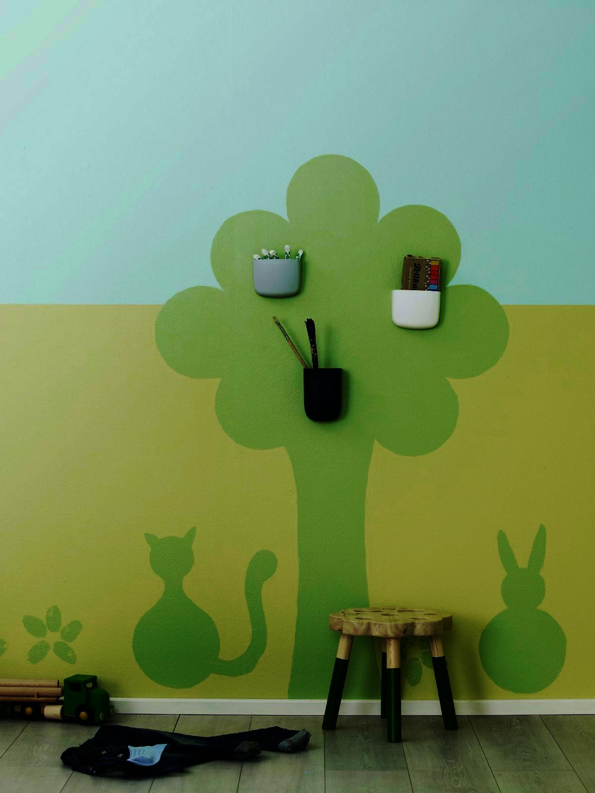 Kids Room Painted Pastel Blue, Yellow and Green with Tikkurila Magnetic and Blackboard Paint