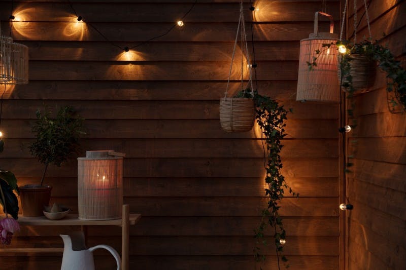 Garden Lanterns and Hanging Plants in the Dark