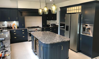 kitchen with dark blue cabinets