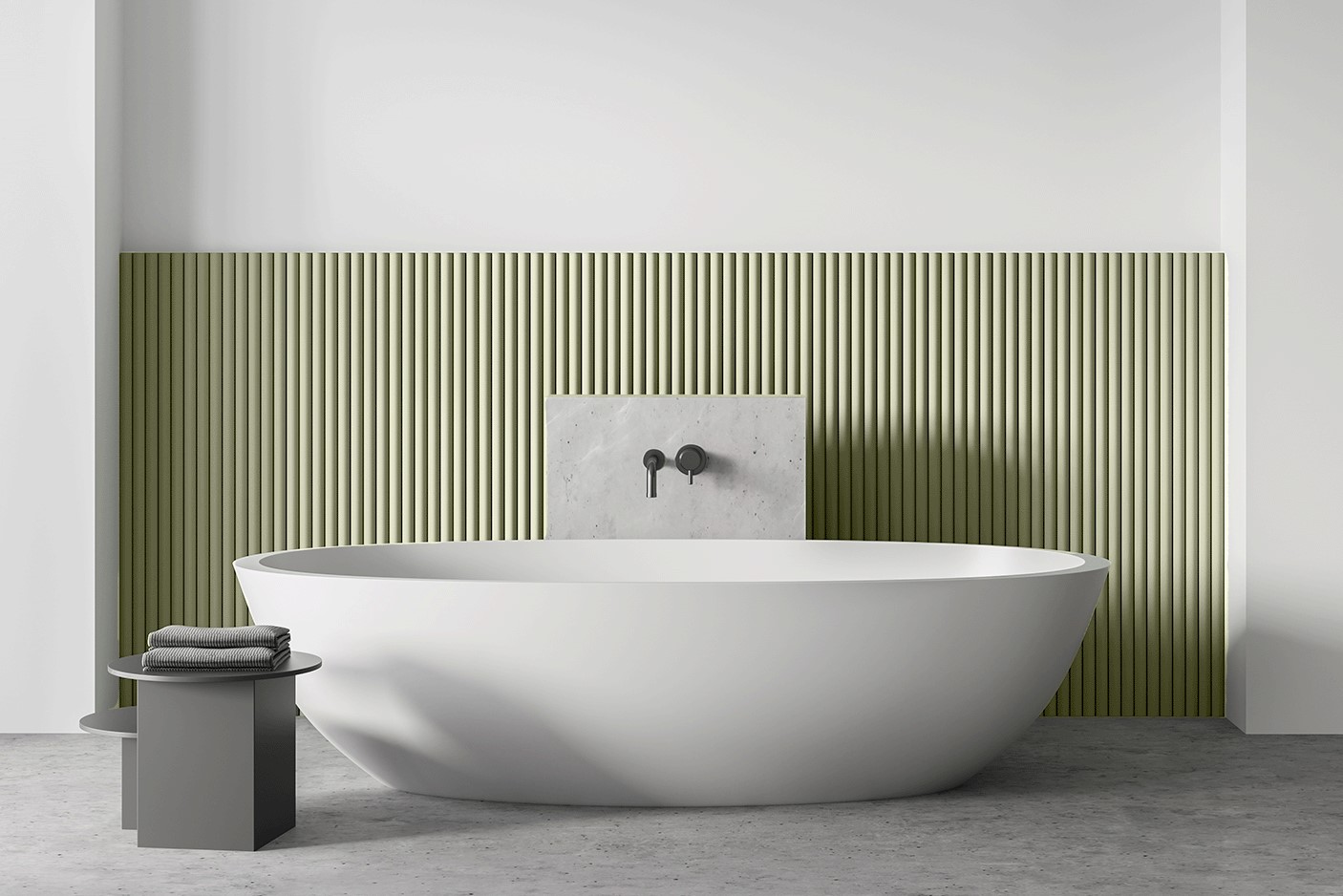 Muted green half-height panelling in a bathroom