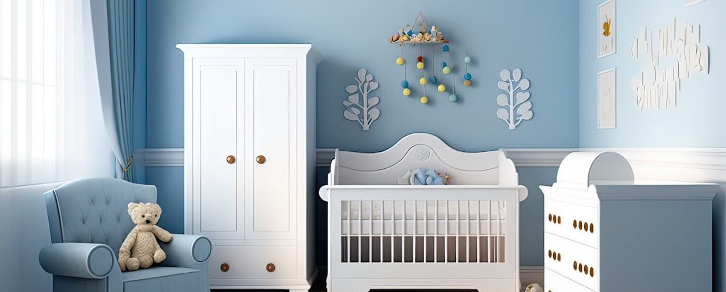 blue nursery with white furniture