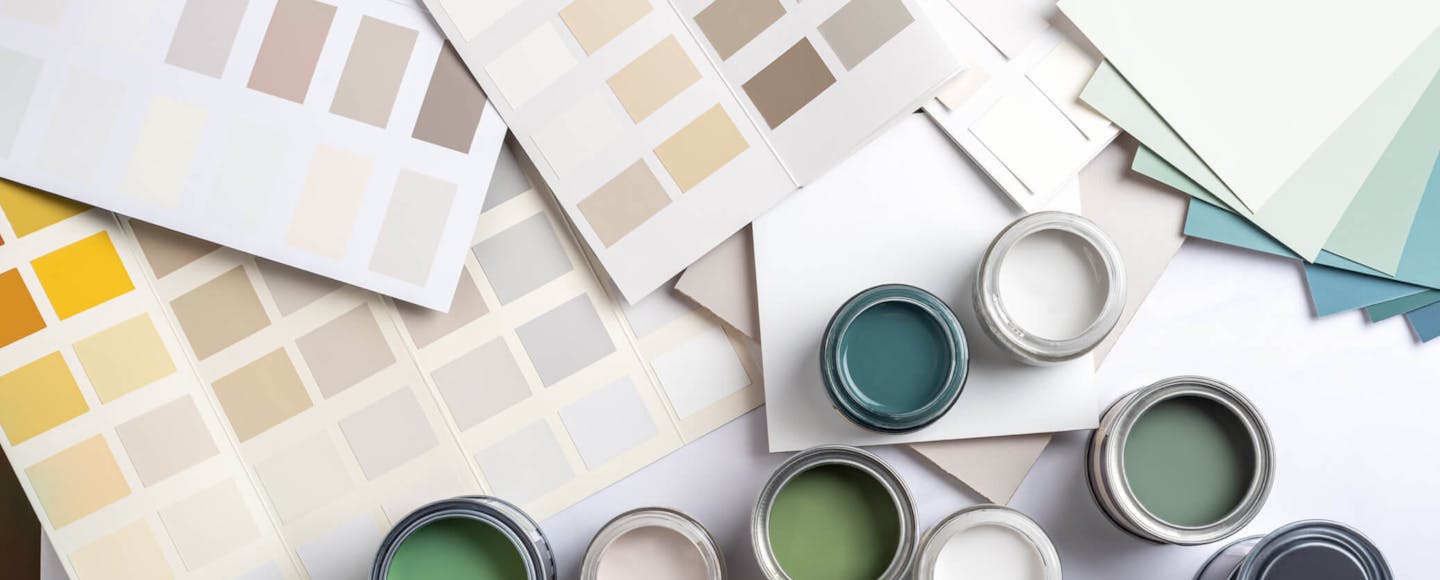 array of paint pots and colour swatches