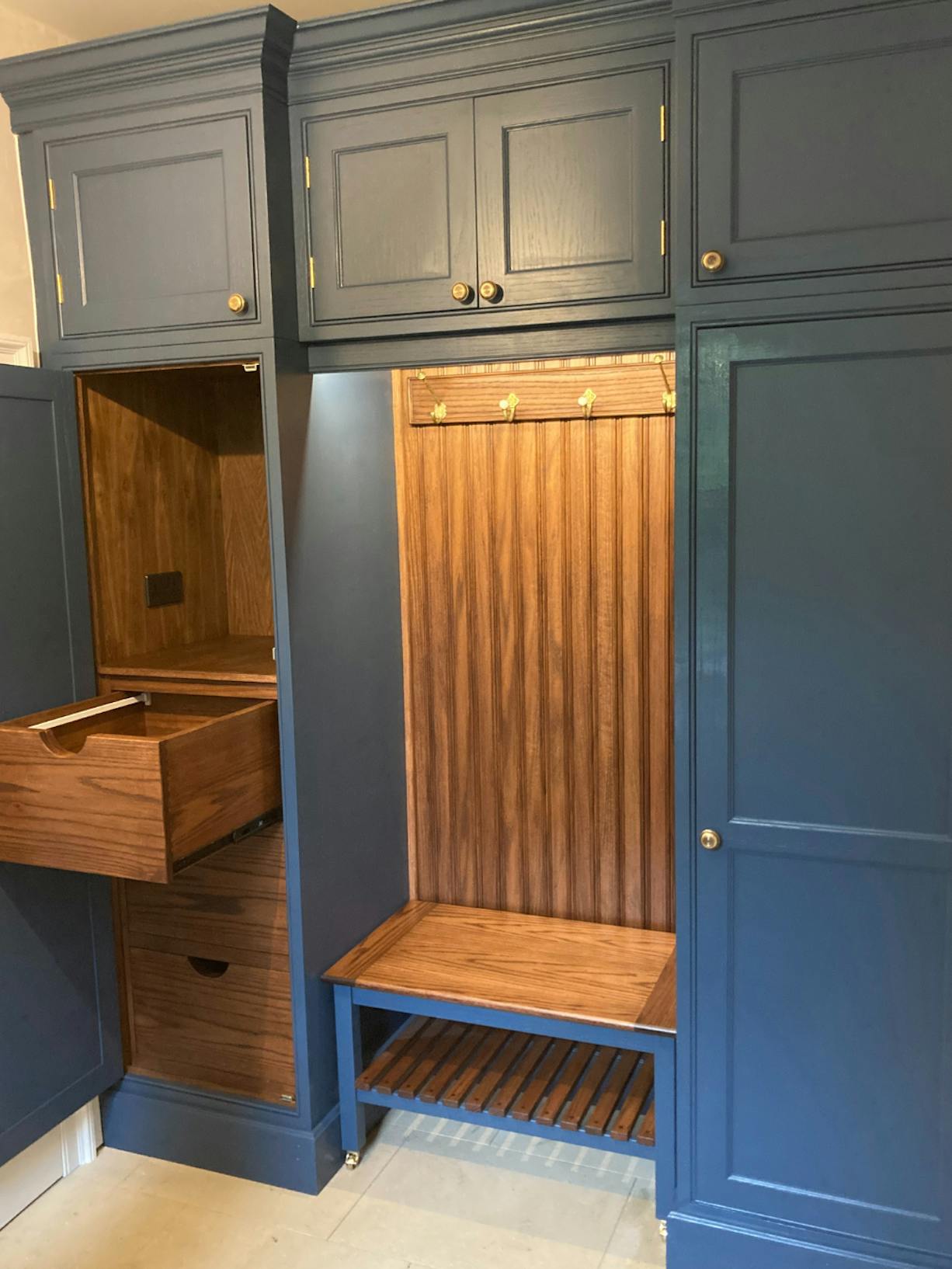 custom oak boot mud room painted blue