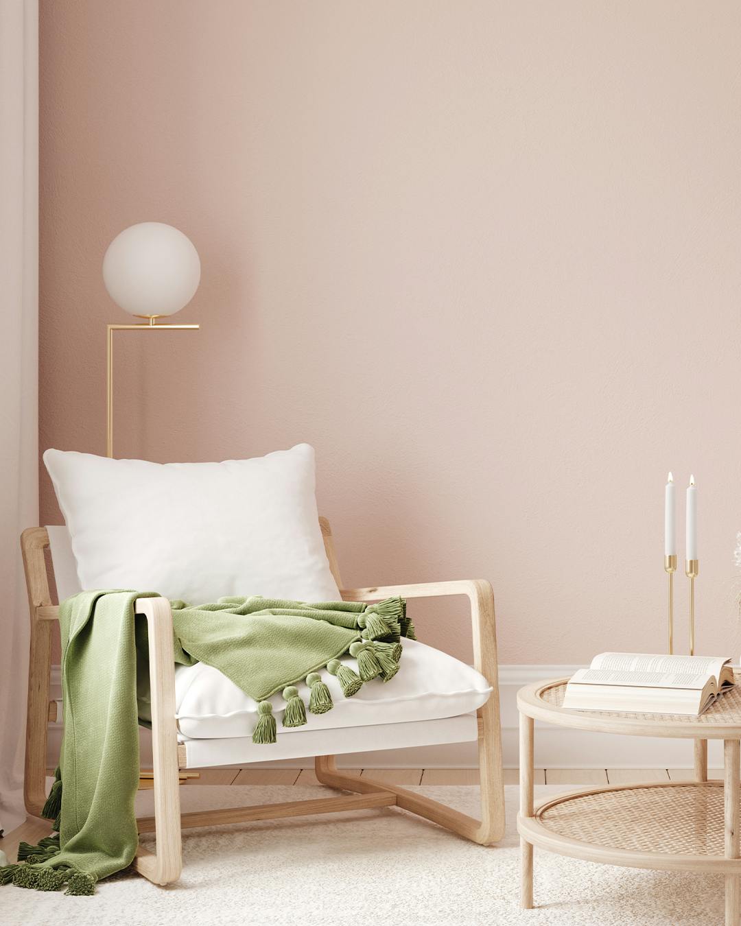 chair and coffee table in front of pink wall painted in tvt h475 paint colour