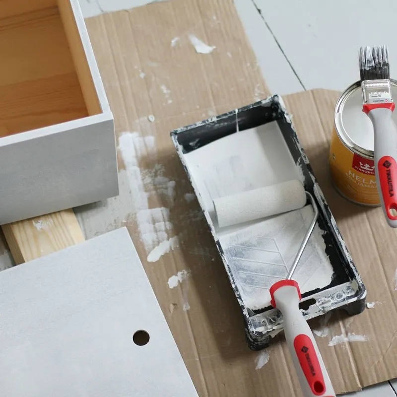Disassembled Drawer with Black Paint Tray and Roller Inside