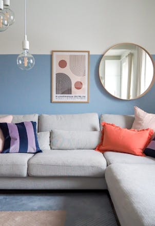 stylish living room with blue and grey