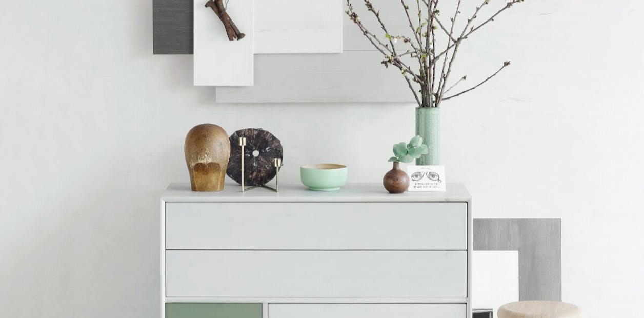 grey and green bedroom