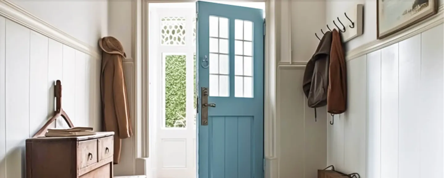 Blue Edwardian front door open from the inside