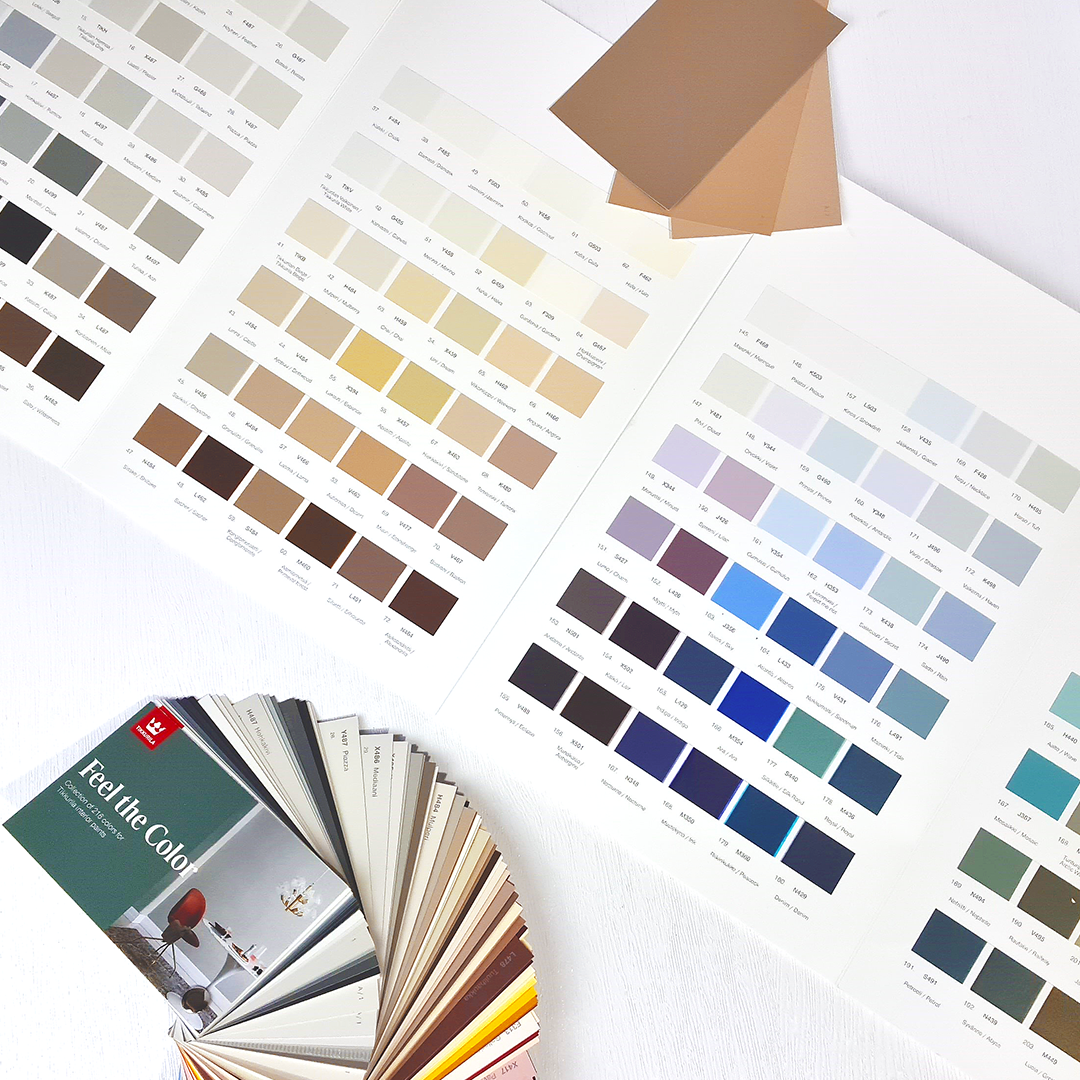 birds eye view of printed paint colour samples