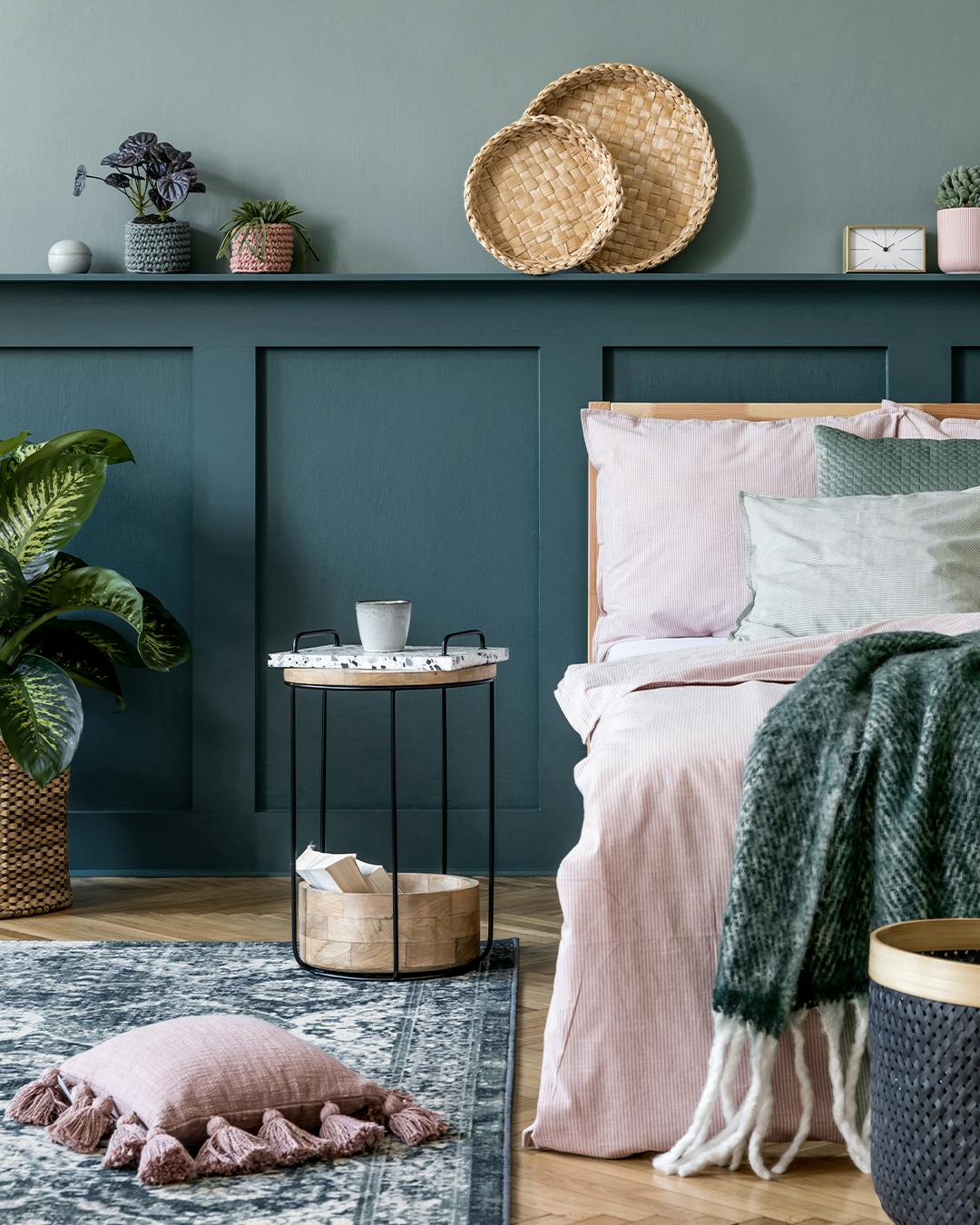 bedroom painted in two teal paint colours 