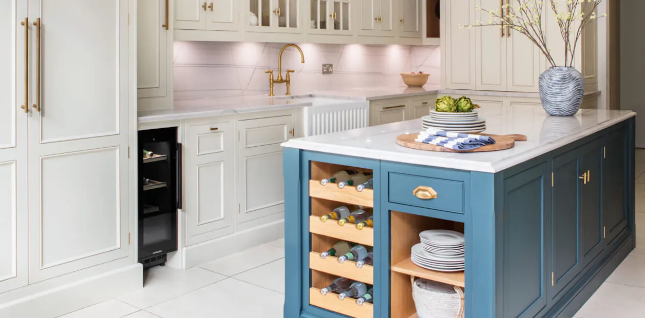 white and blue kitchen cabinets