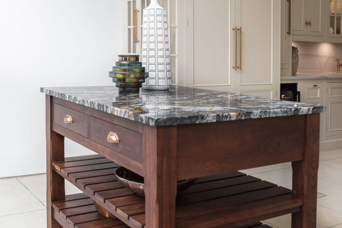 Earthy rustic kitchen island and cabinet